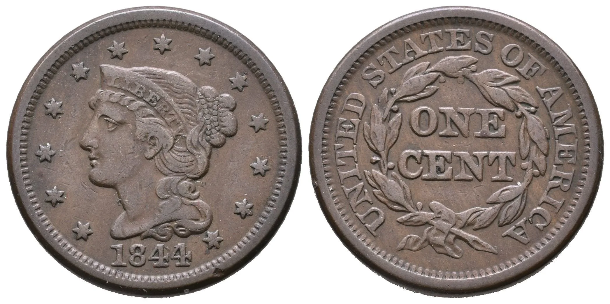 1 Cent 1844, KM.67, patina, rysky — 1