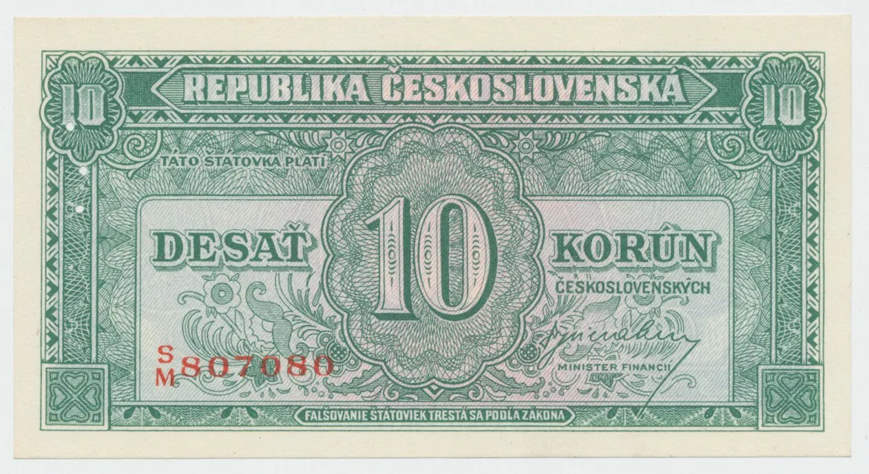 Československo, 10 Koruna b.d. (1945), perforace 3 md v obloučku, Hej.71a1.S2