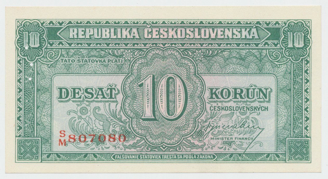 Československo, 10 Koruna b.d. (1945), perforace 3 md v obloučku, Hej.71a1.S2
