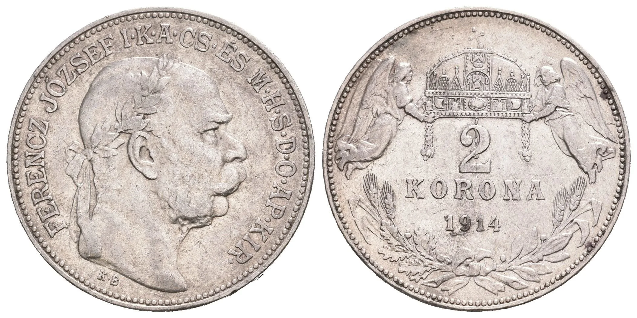 2 Koruna 1914 KB, patina, zbytky lesku, rysky_R! — 1