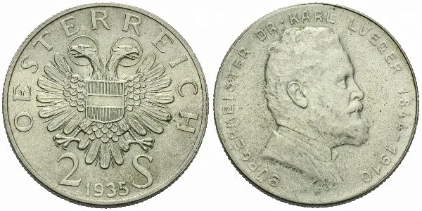 Rakousko, 2 Schilling 1935 - 25. výročí úmrtí Dr. Karla Luegera
