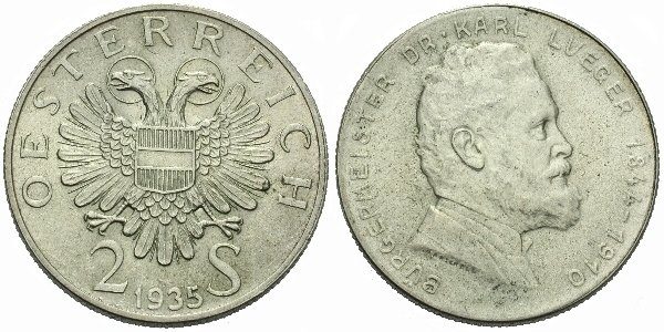 Rakousko, 2 Schilling 1935 - 25. výročí úmrtí Dr. Karla Luegera