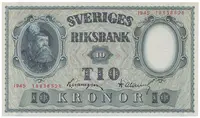 Švédsko, 10 Kronor 1945, červený číslovač, P.40f