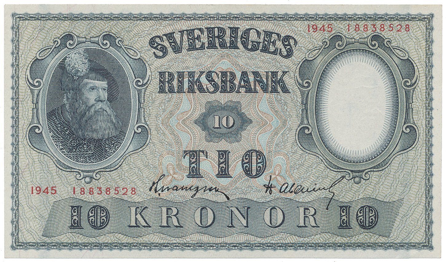 Švédsko, 10 Kronor 1945, červený číslovač, P.40f