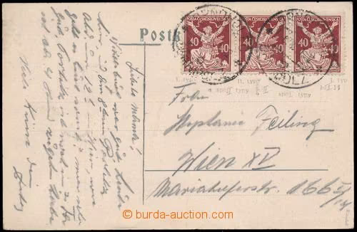 1920 pohlednice zaslaná do Vídně, vyfr. 3-páskou hodnoty 40h se spojenými typy lipových lístků, Pof.154A ST, HZ 14, poda