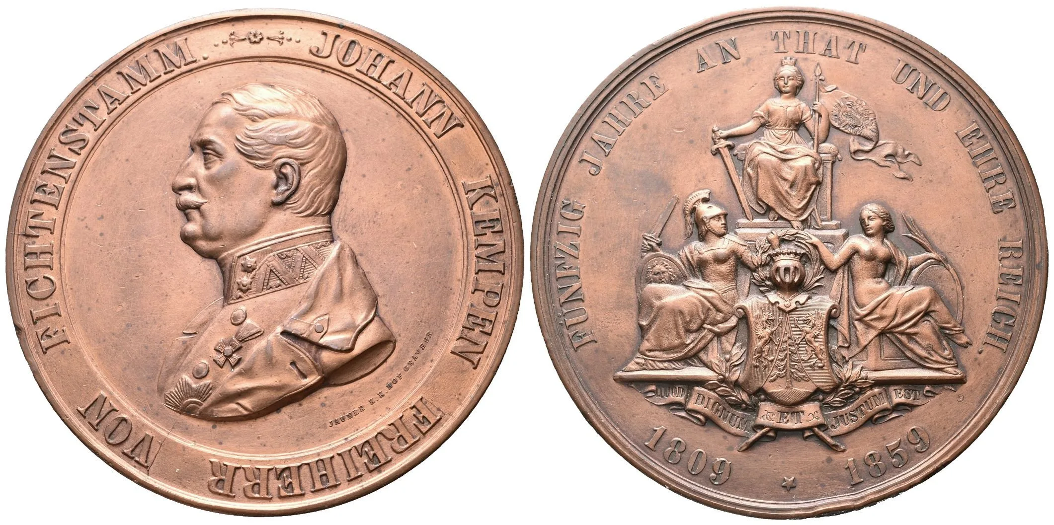 AE Medaile 1859 - Johann Kempen Freiherr von Fichtenstamm, k 50. výročí služby. — 1