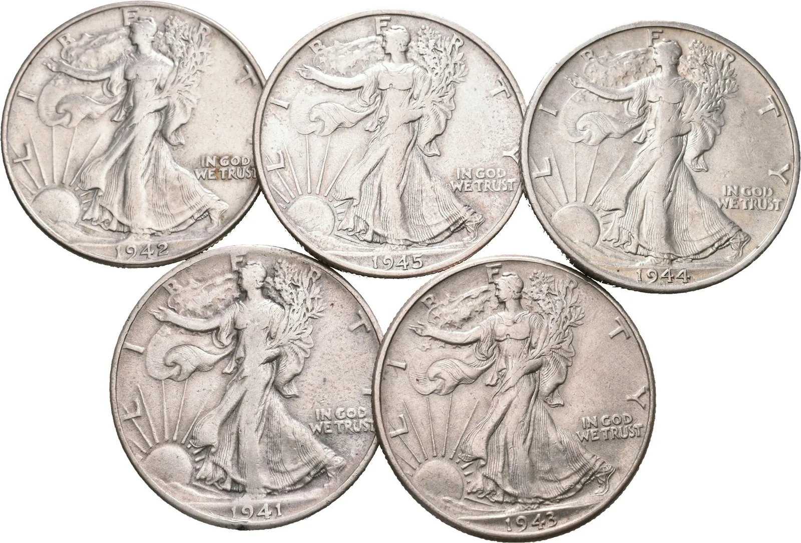 1/2 Dollar 1941, 1942, 1943, 1944 S, 1945 S, pěkné i oběhové zachovalosti, — 1