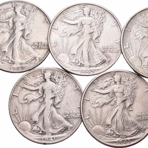 1/2 Dollar 1941, 1942, 1943, 1944 S, 1945 S, pěkné i oběhové zachovalosti,