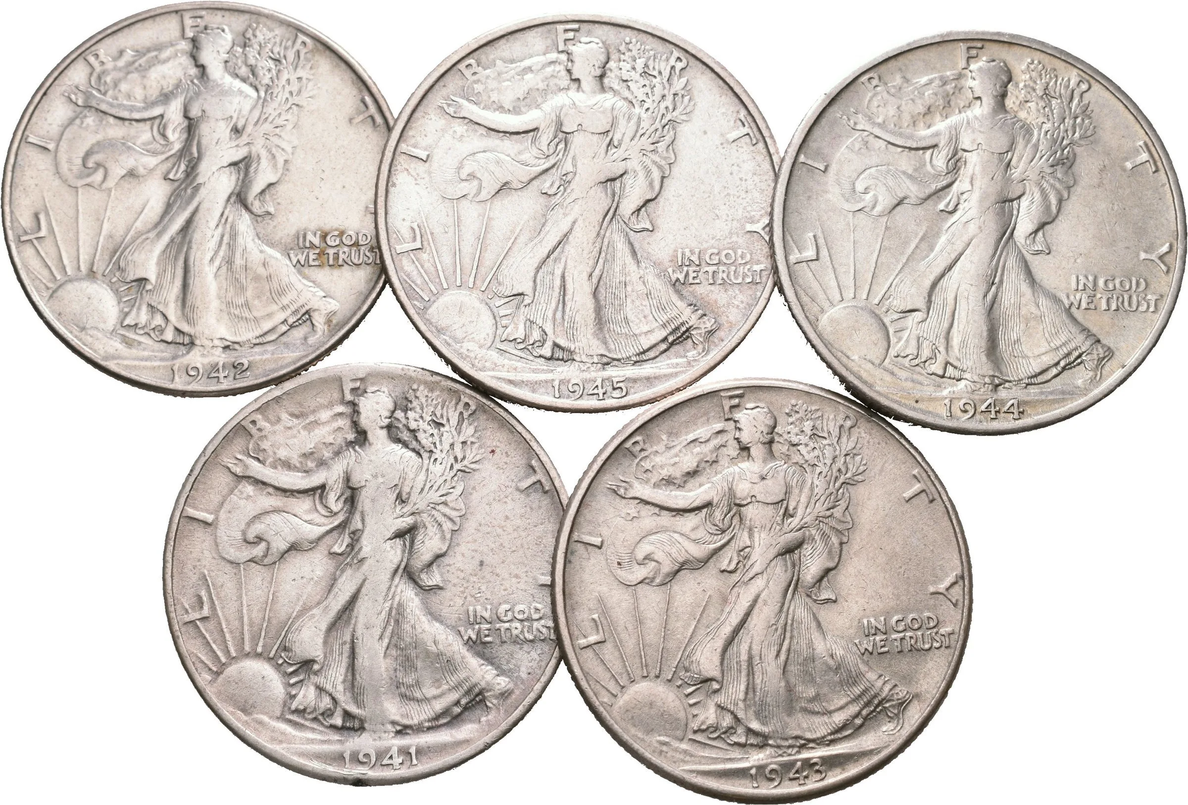 1/2 Dollar 1941, 1942, 1943, 1944 S, 1945 S, pěkné i oběhové zachovalosti, — 1