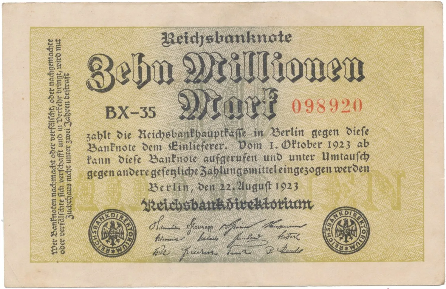 Německo, 10 Millionen Mark 1923, Ro.105c