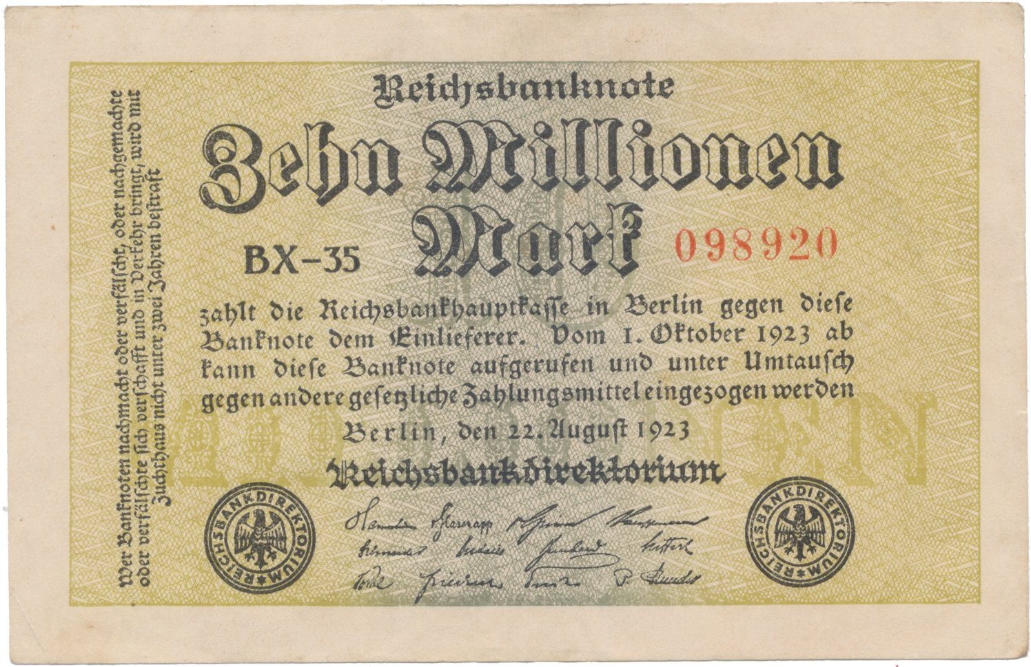 Německo, 10 Millionen Mark 1923, Ro.105c