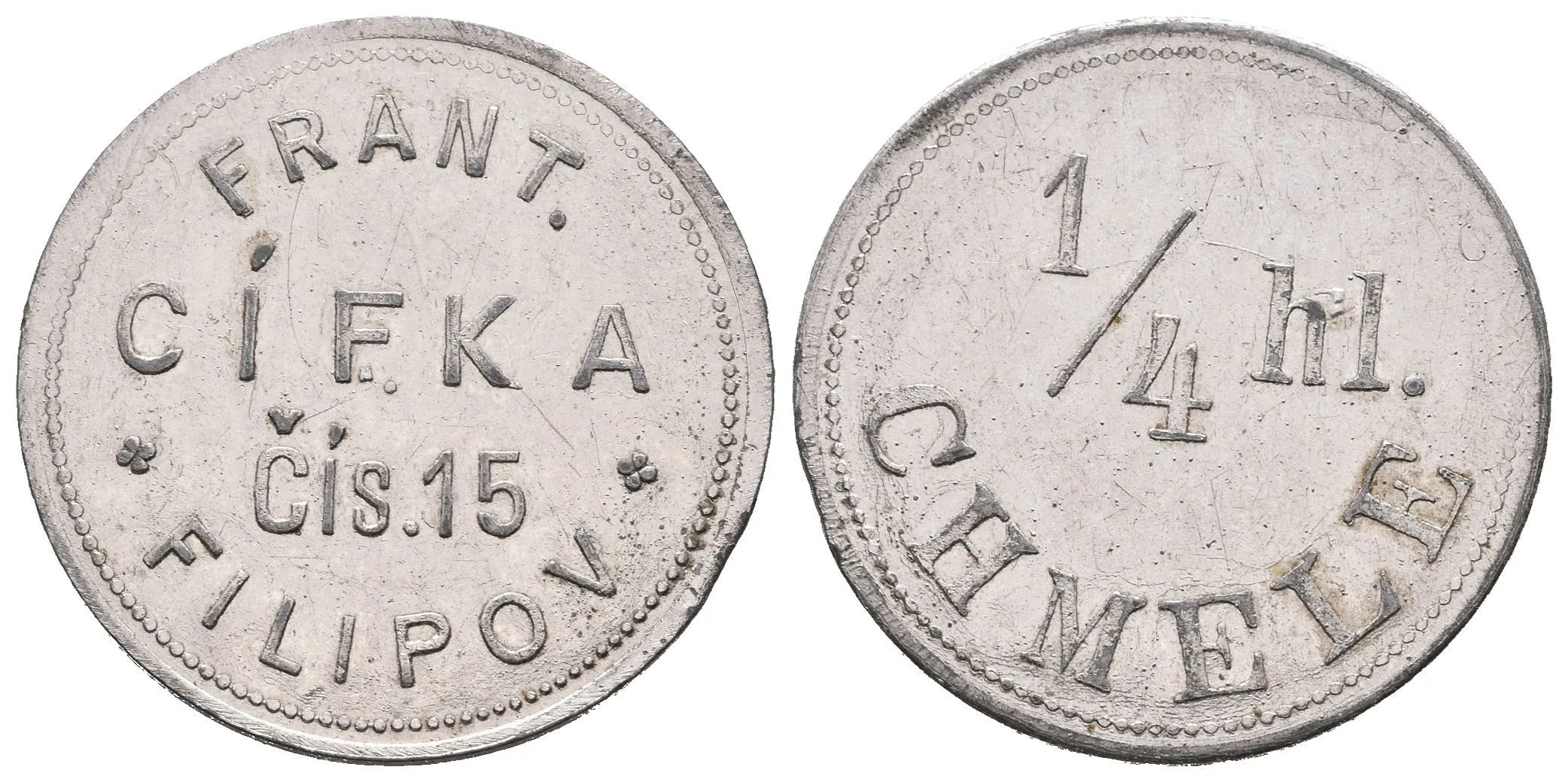 Filipov - František Cífka, známka na věrtel chmele. Pocín. Zn 25 mm — 1