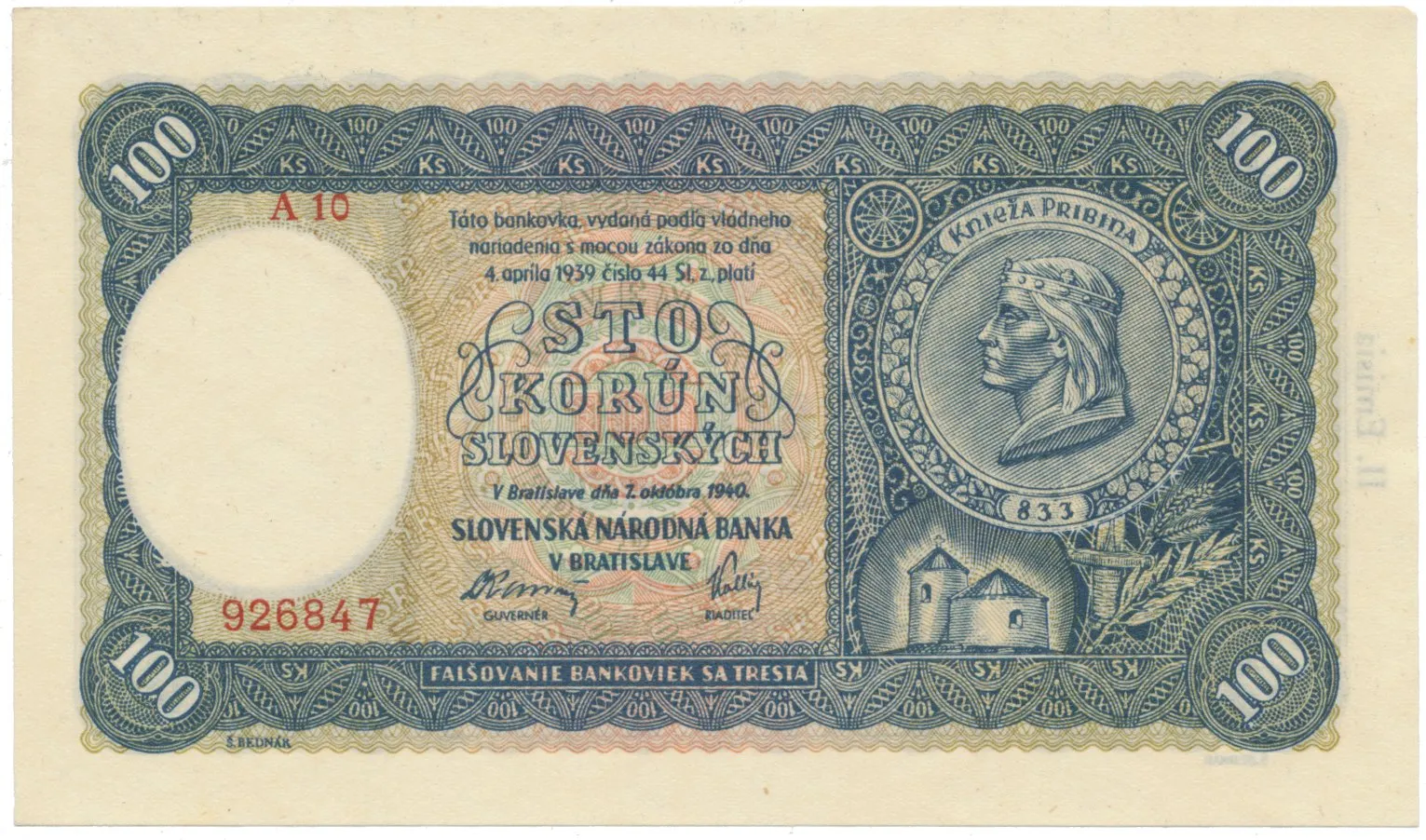 Slovensko, 100 Koruna 1940, II. vydání, série A 10, Hej.49a2