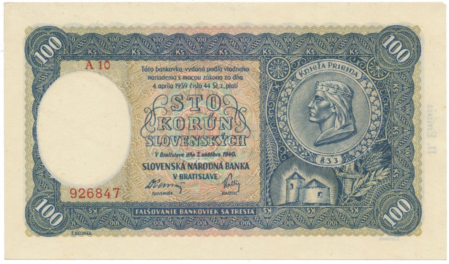 Slovensko, 100 Koruna 1940, II. vydání, série A 10, Hej.49a2