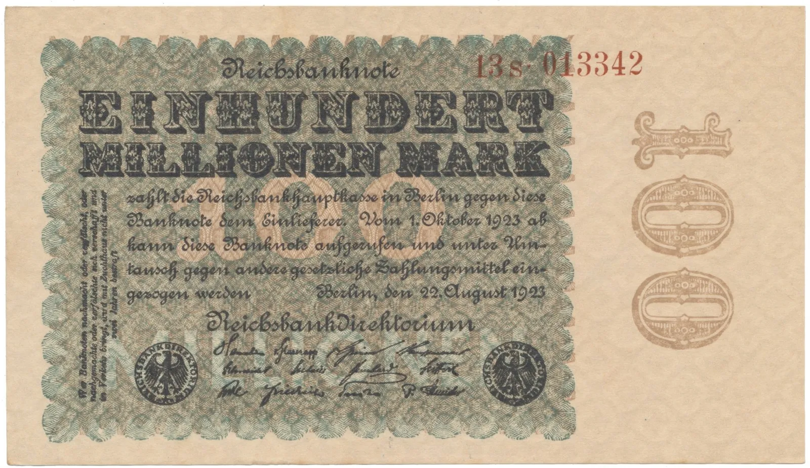Německo, 100 Millionen Mark 1923, Kreuzblütten, Ro.106e