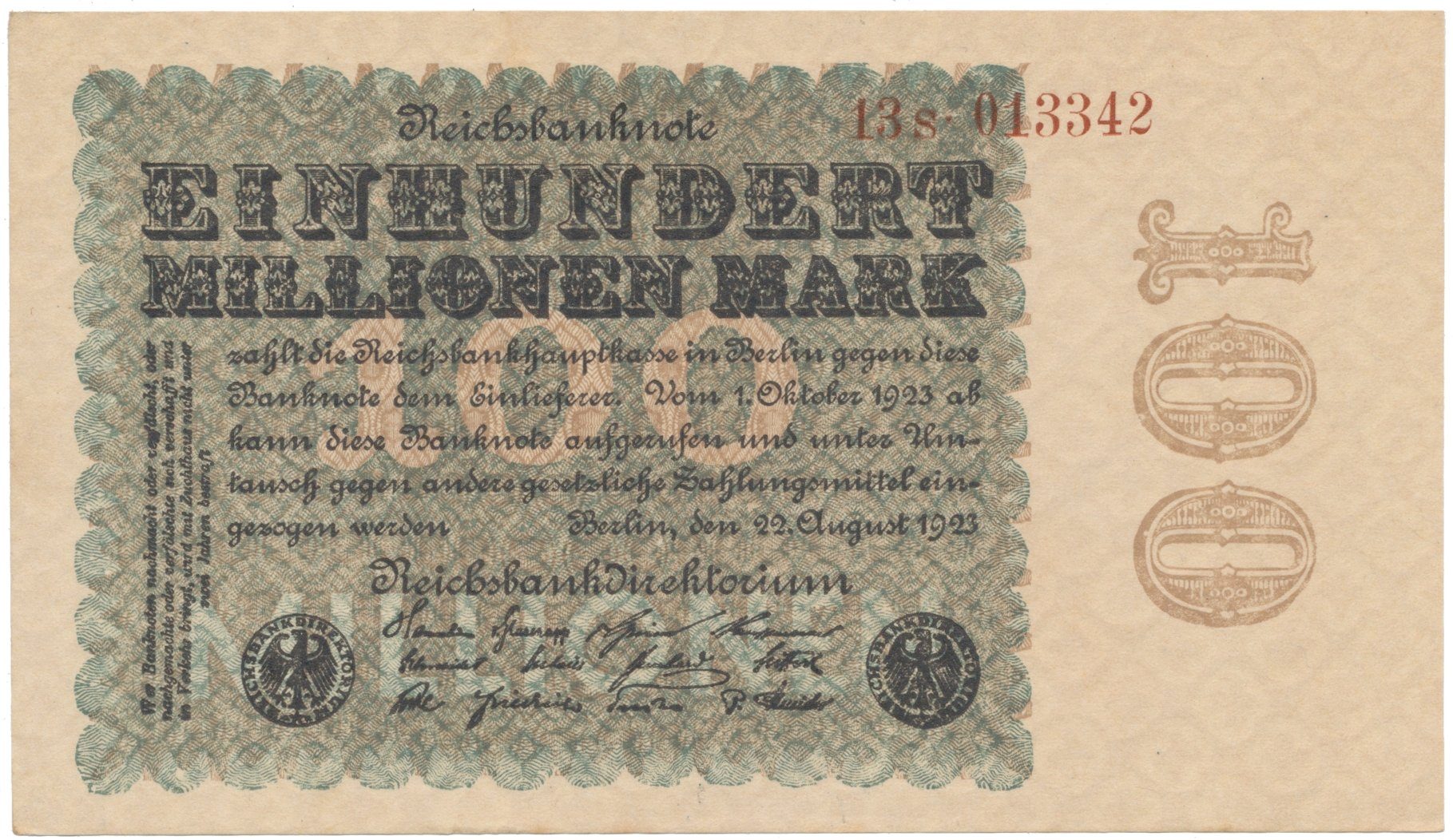 Německo, 100 Millionen Mark 1923, Kreuzblütten, Ro.106e
