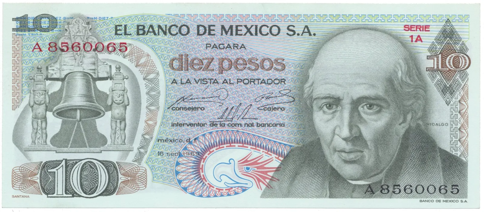 Mexiko, 10 Pesos 1969, P.63a, vzácnější datum vydání