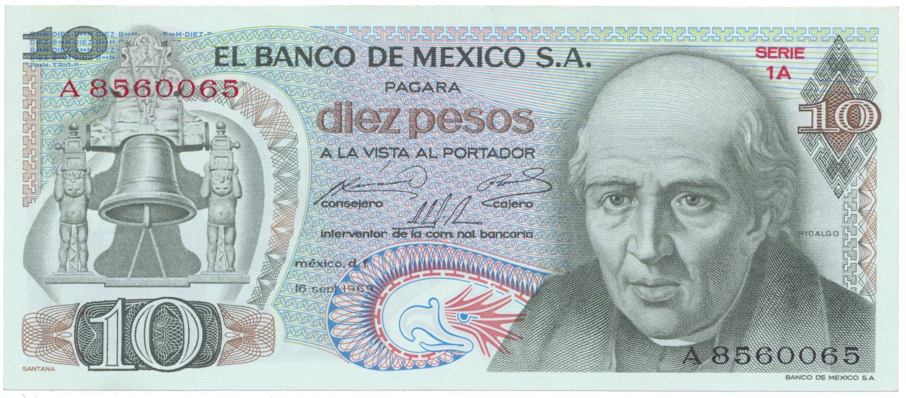 Mexiko, 10 Pesos 1969, P.63a, vzácnější datum vydání