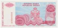 Bosna a Hercegovina, 10 Milijardi Dinara 1993, nevydaná, anulát, A 0000000, P.156