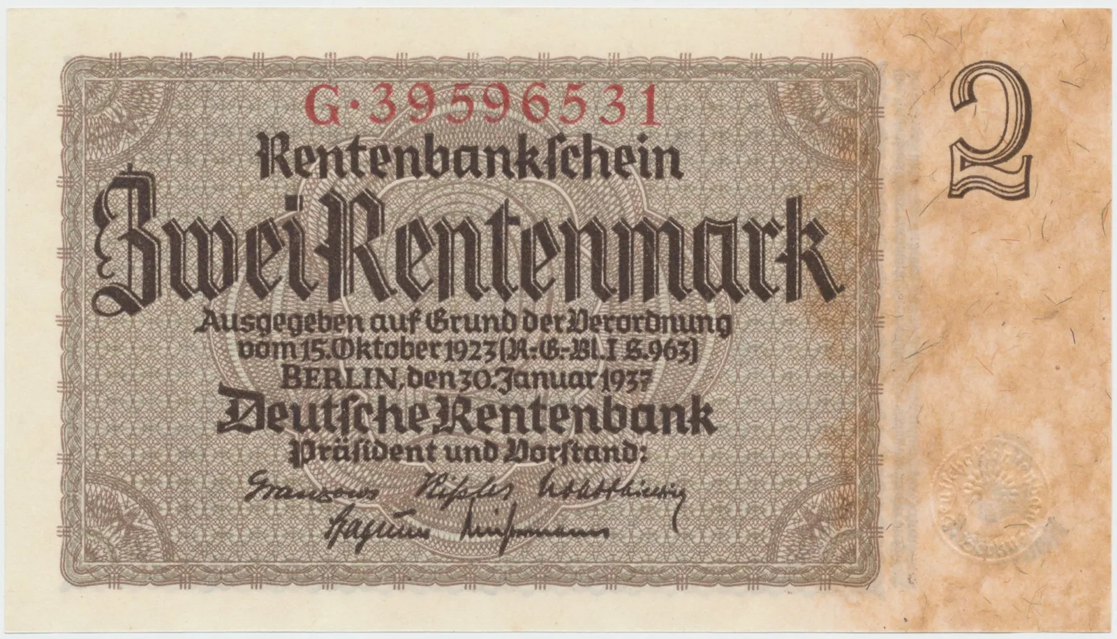 Německo, 2 Rentenmark 1937, říšský 8-místný číslovač, Hej.D12b