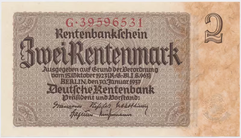 Německo, 2 Rentenmark 1937, říšský 8-místný číslovač, Hej.D12b