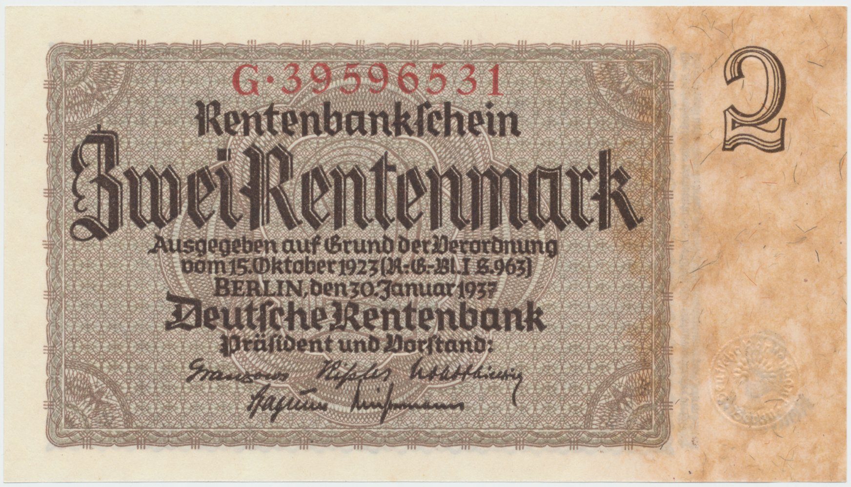 Německo, 2 Rentenmark 1937, říšský 8-místný číslovač, Hej.D12b