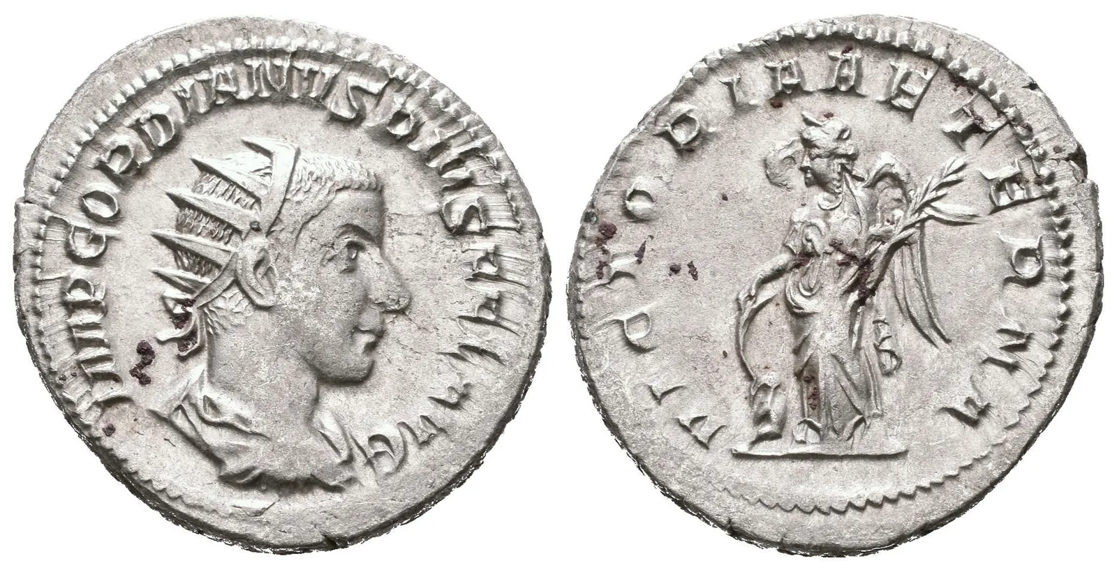 Antoninian, 243 - 244, Rv: VICTORIA AETERNA, stojící Victoria zleva se opírá o štít — 1