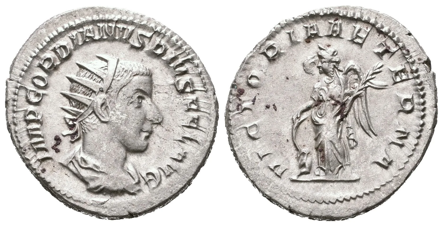 Antoninian, 243 - 244, Rv: VICTORIA AETERNA, stojící Victoria zleva se opírá o štít — 1