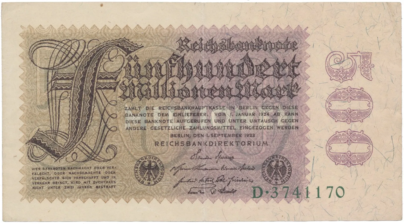 Německo, 500 Millionen Mark 1923, Ro.109a