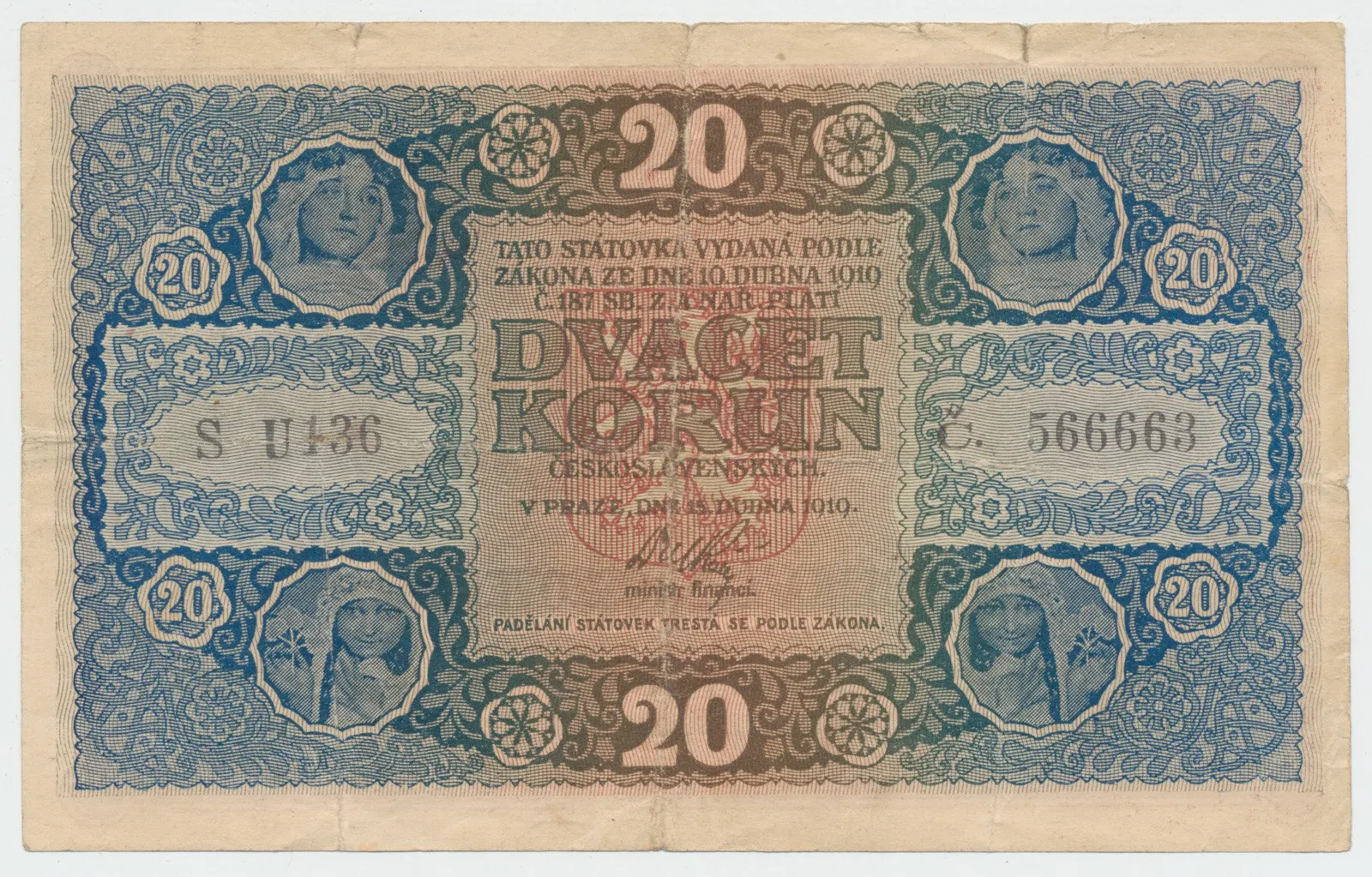 Československo, 20 Koruna 1919, série U 136, tisk Česká grafická unie Praha, Hej.10b