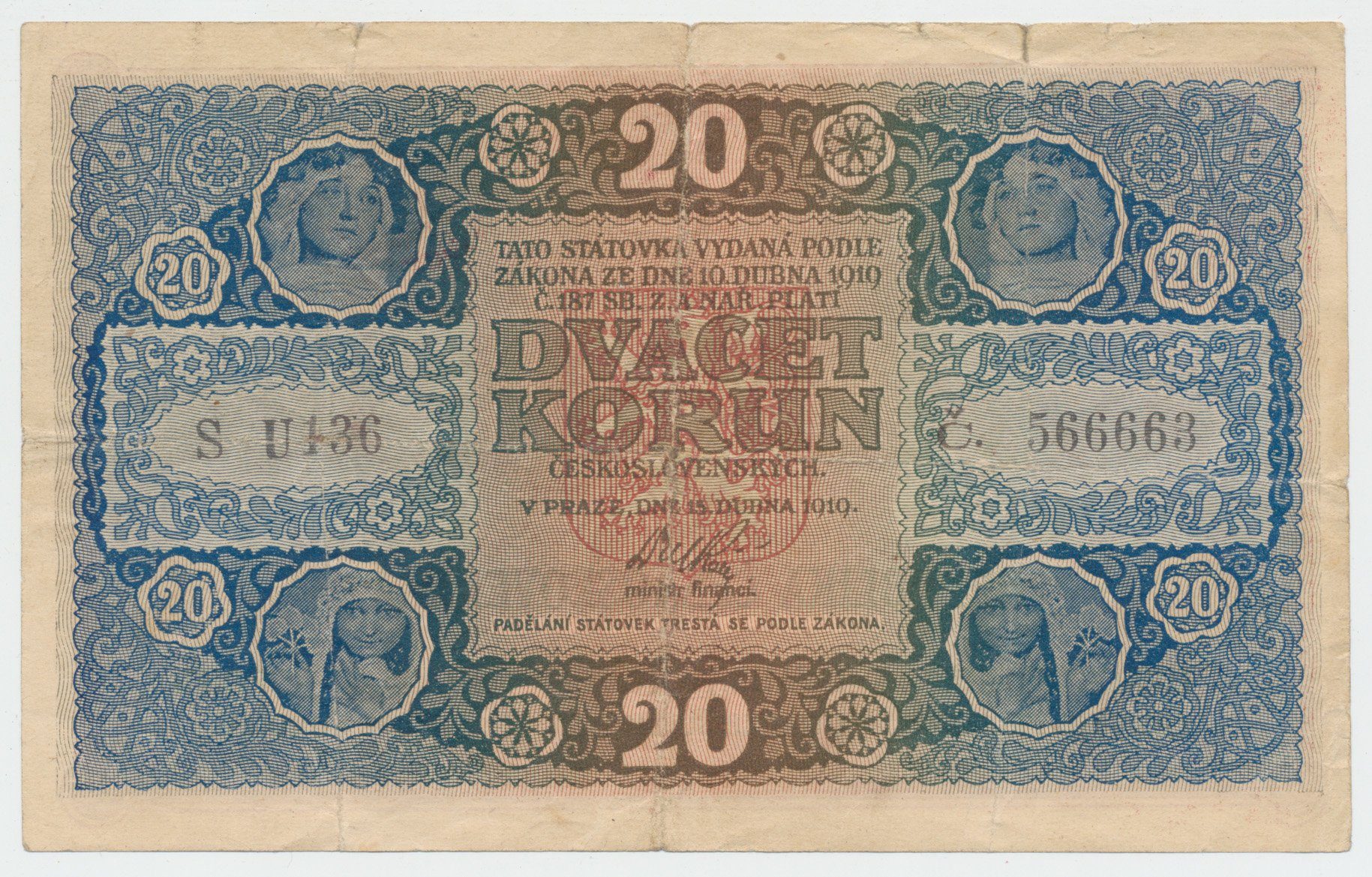 Československo, 20 Koruna 1919, série U 136, tisk Česká grafická unie Praha, Hej.10b
