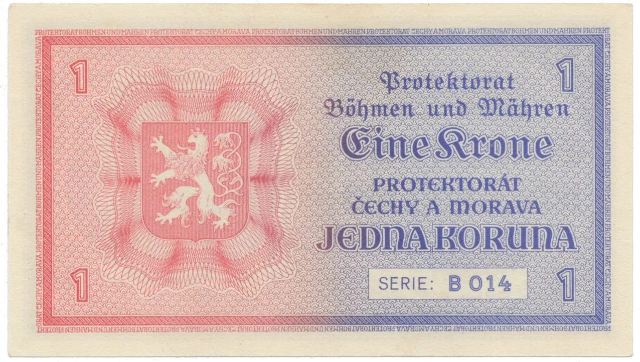 Protektorát Čechy a Morava, 1 Koruna b.d. (1940), tisk TB NBČM, série B, Hej.30aB