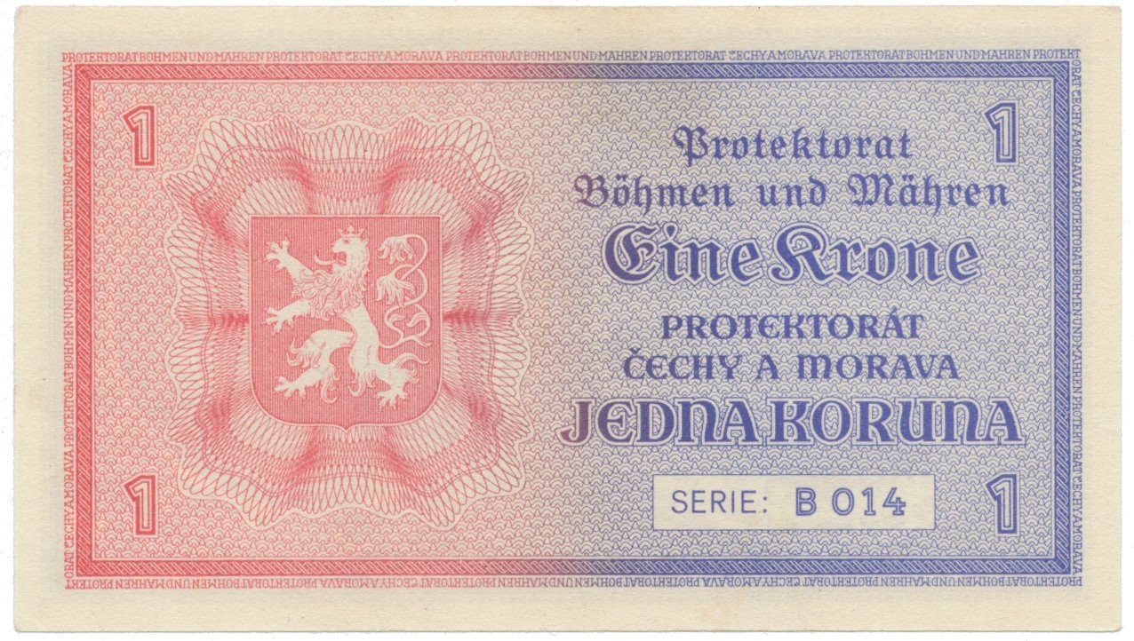 Protektorát Čechy a Morava, 1 Koruna b.d. (1940), tisk TB NBČM, série B, Hej.30aB