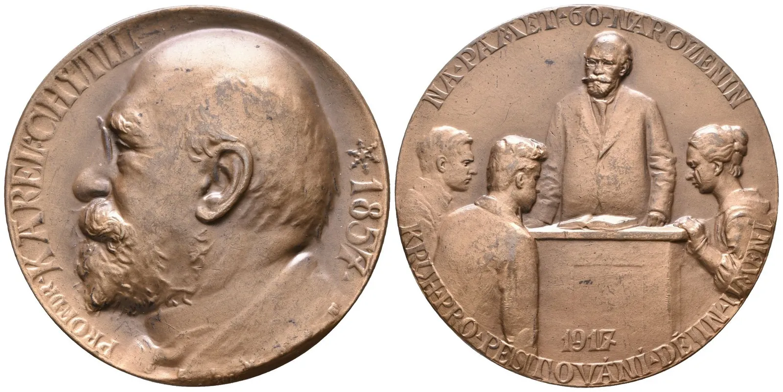 AE Medaile 1917 - Karel Chytil, historik umění - k 60 narozeninám. Poprsí zleva, opis / — 1