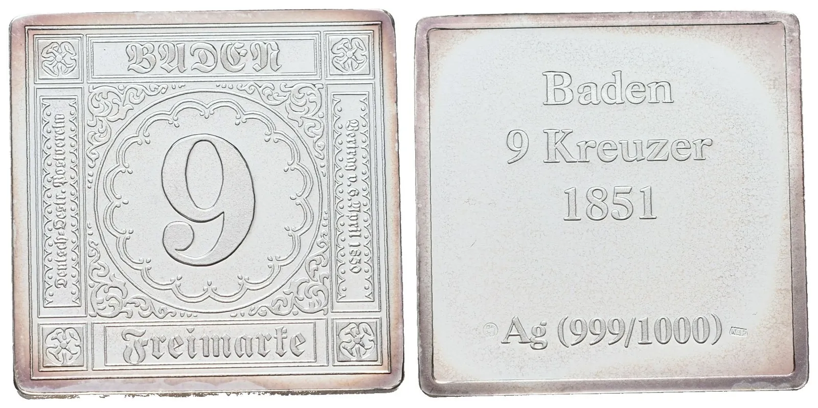 Stříbrná známka - Badenský devítikrejcar (chybotisk) - 1851 - Ag 8 g - 999/1000