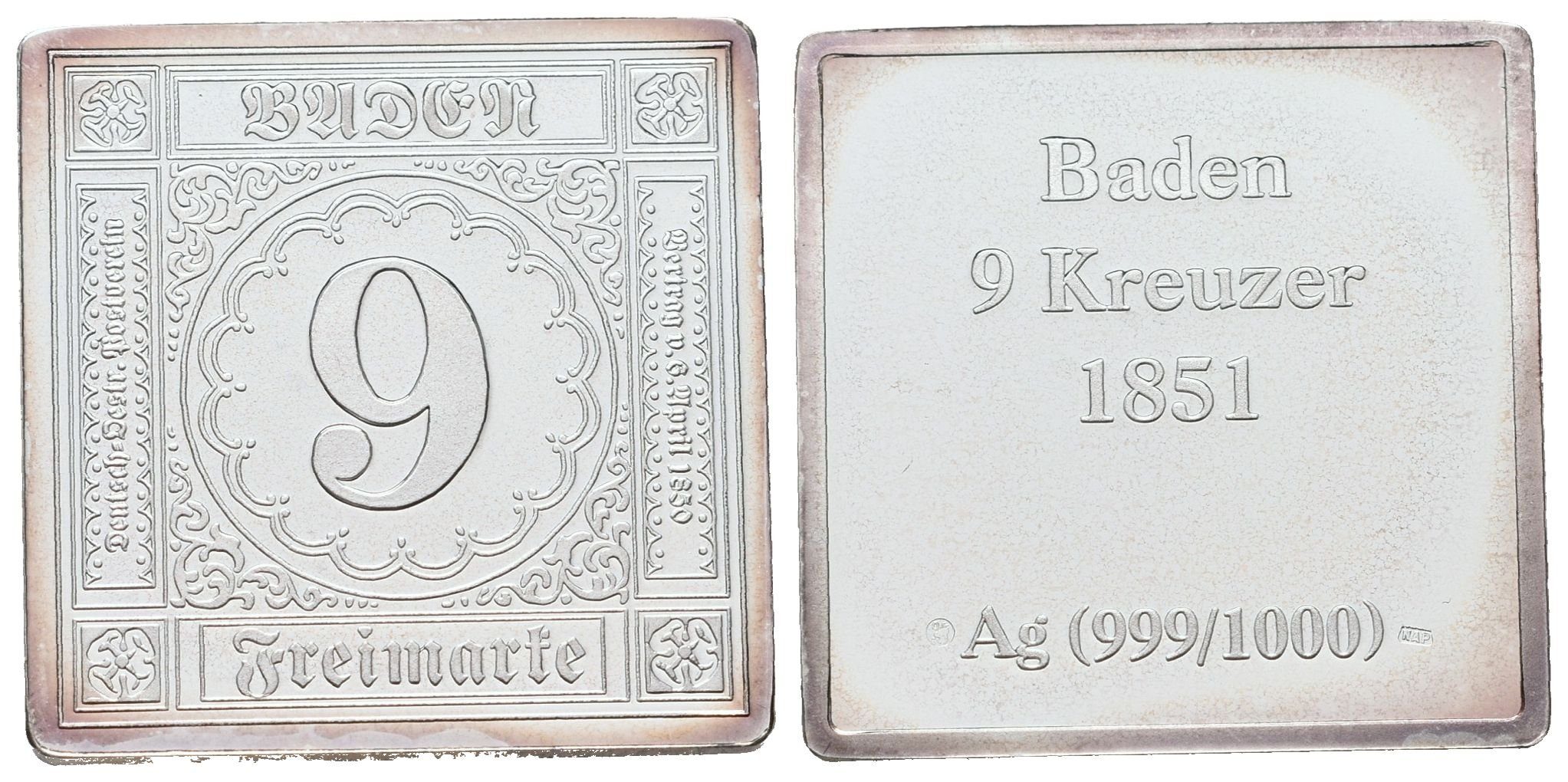 Stříbrná známka - Badenský devítikrejcar (chybotisk) - 1851 - Ag 8 g - 999/1000