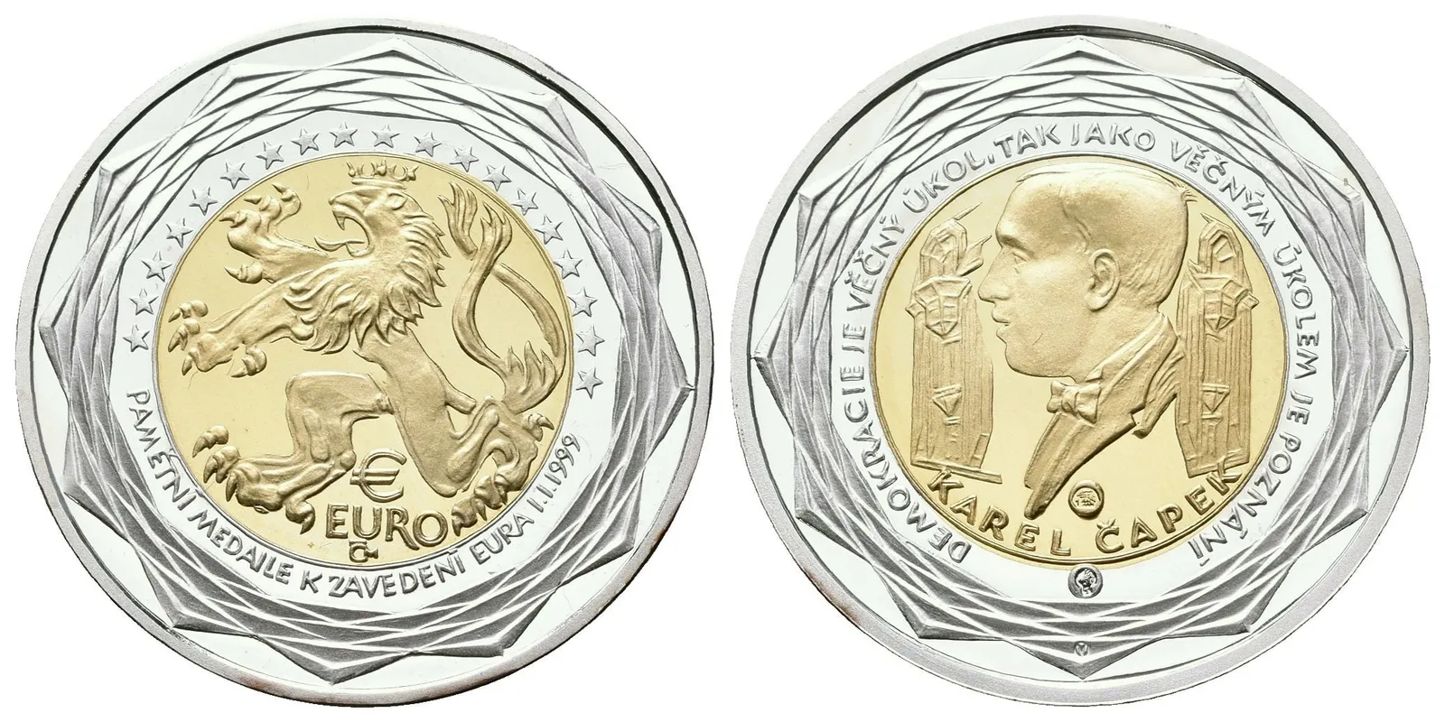 AV Medaile 1999 (V. Oppl) - Zavedení Euroměny, Karel Čapek. Au 0,986 (6,22 g), Ag 0,959 (6,04 g) — 1