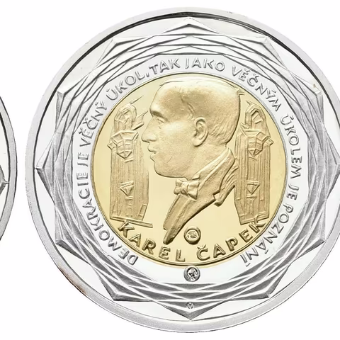 AV Medaile 1999 (V. Oppl) - Zavedení Euroměny, Karel Čapek. Au 0,986 (6,22 g), Ag 0,959 (6,04 g)