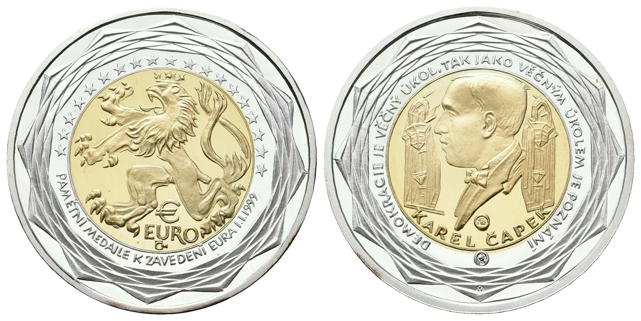 AV Medaile 1999 (V. Oppl) - Zavedení Euroměny, Karel Čapek. Au 0,986 (6,22 g), Ag 0,959 (6,04 g) — 1