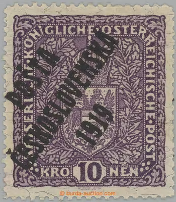 1919 ZNAK 10K NA ŽILKOVANÉM PAPÍRU / Pof.51b II, Znak 10K světle fialová, ŽILKOVANÝ PAPÍR, široký formát, II. typ přetis