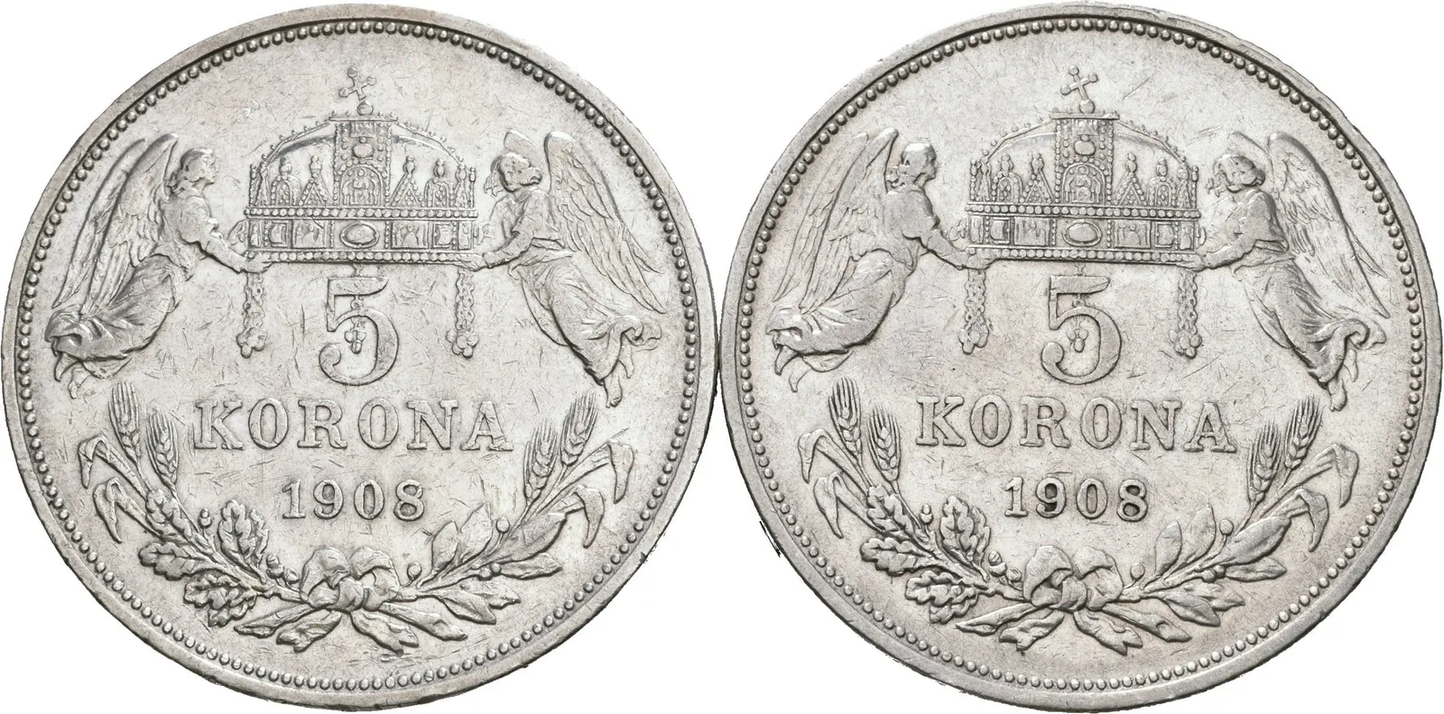 5 Koruna 1908 KB, škr. a hranky_2 ks — 1