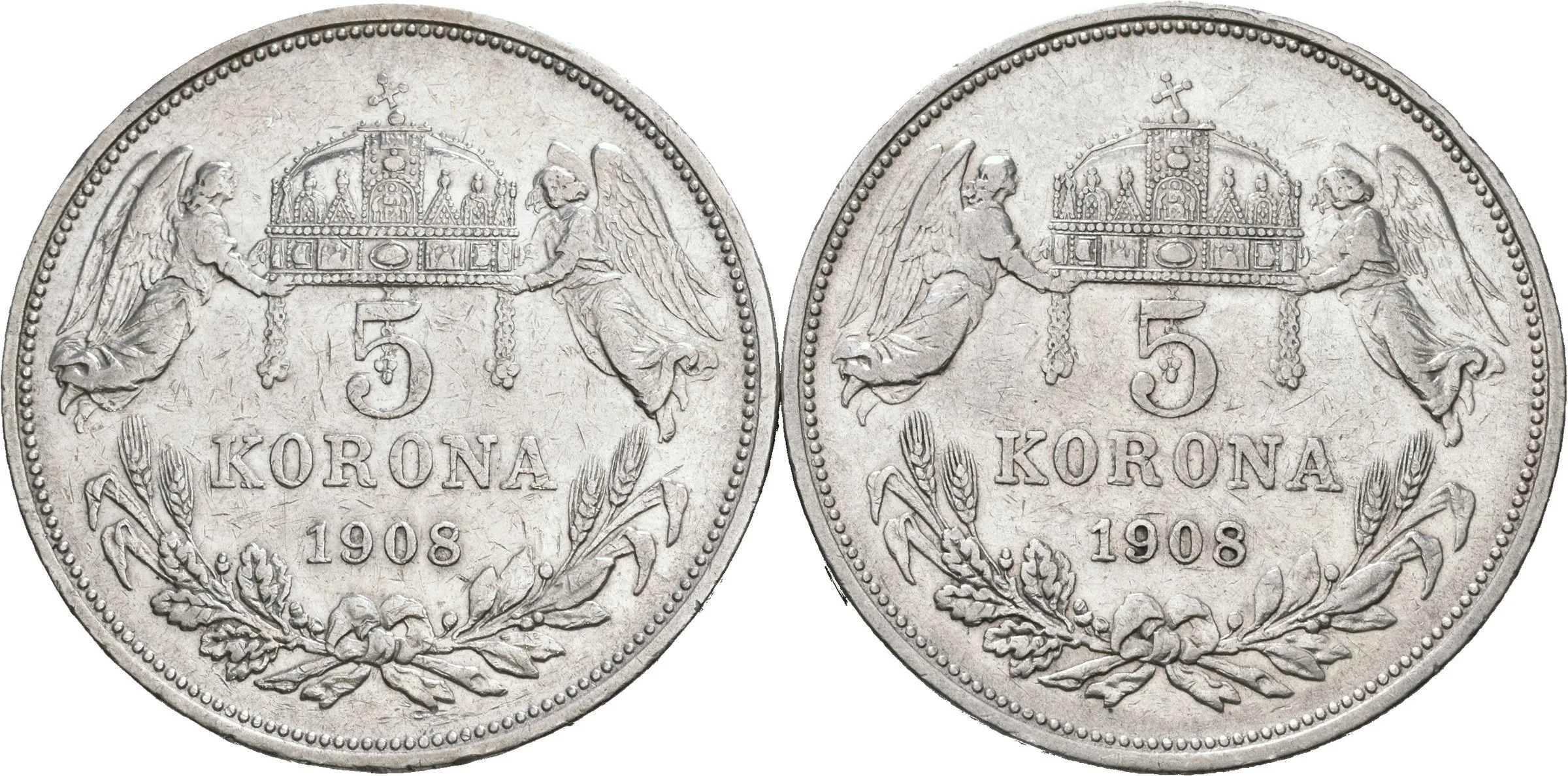 5 Koruna 1908 KB, škr. a hranky_2 ks — 1