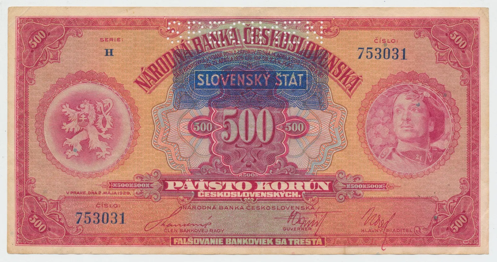 500 Koruna 1929/1939 + přetisk, série H, SPECIMEN, Hej.44a.S1