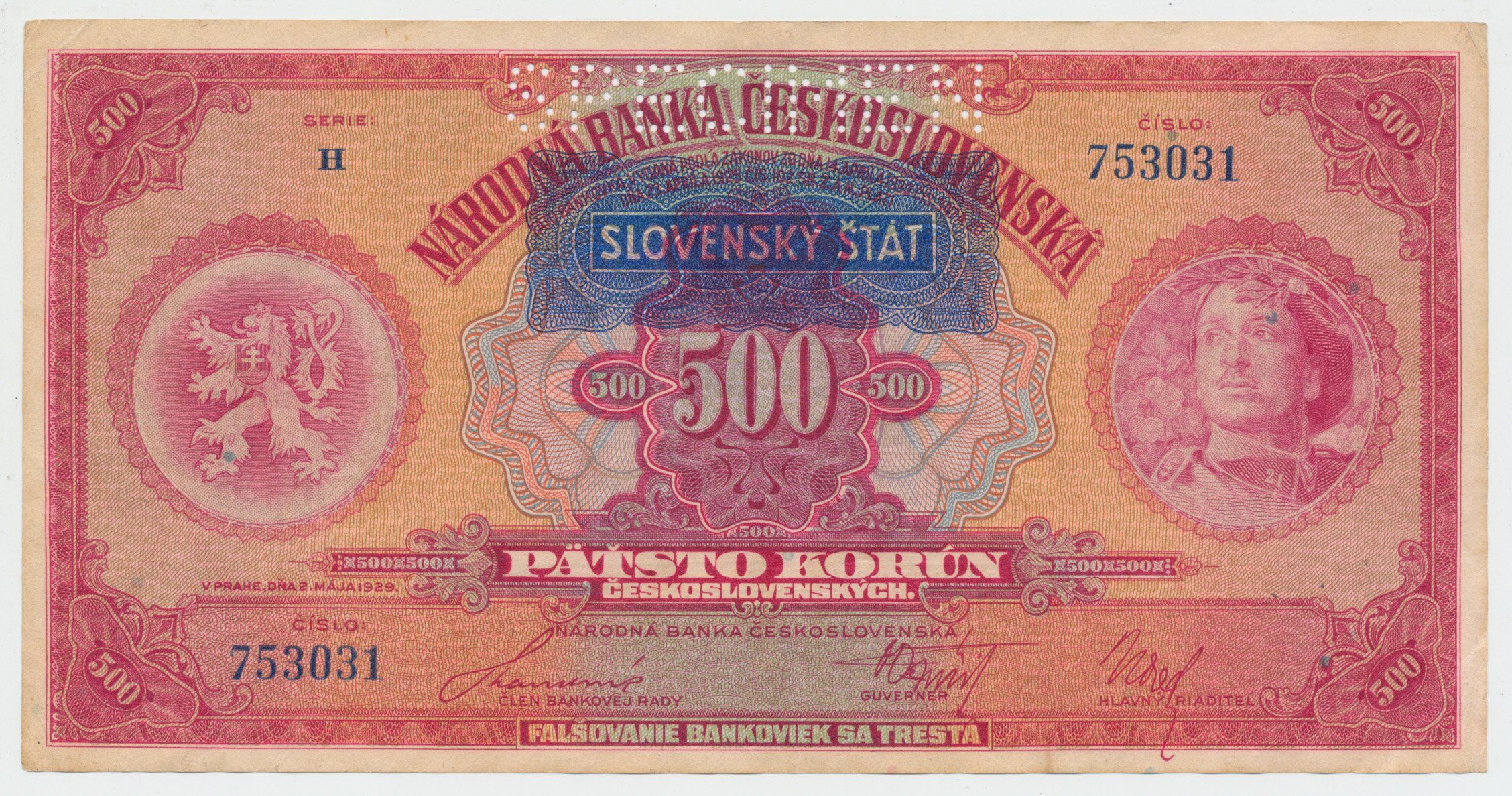 500 Koruna 1929/1939 + přetisk, série H, SPECIMEN, Hej.44a.S1