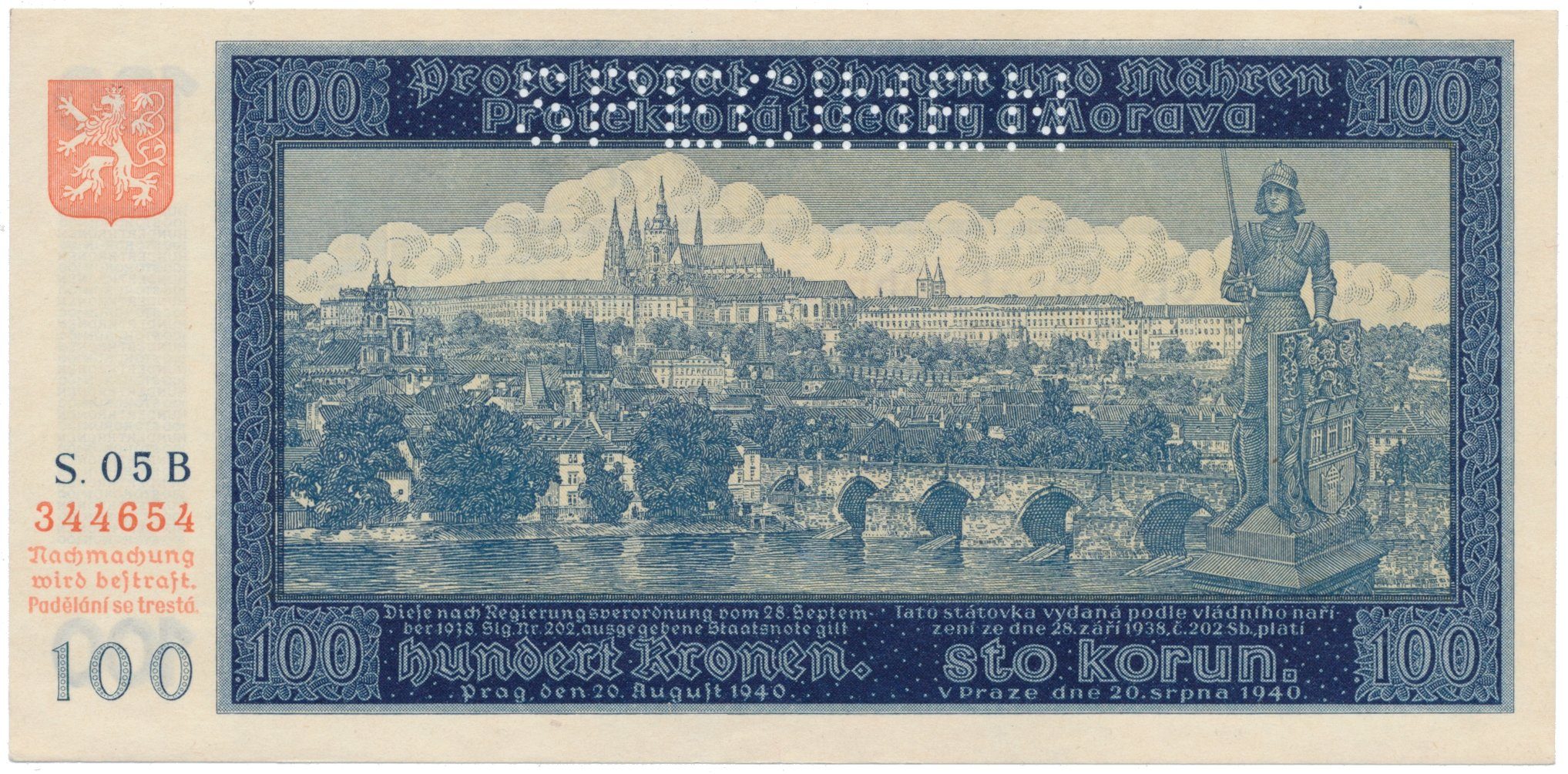 100 Koruna 1940, I. vydání, série B, SPECIMEN, Hej.32a.S1