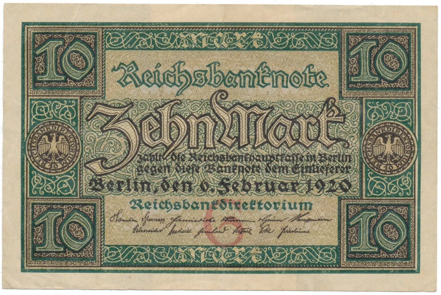 Německo, 10 Mark 1920, 7-místný číslovač, Ro.63a