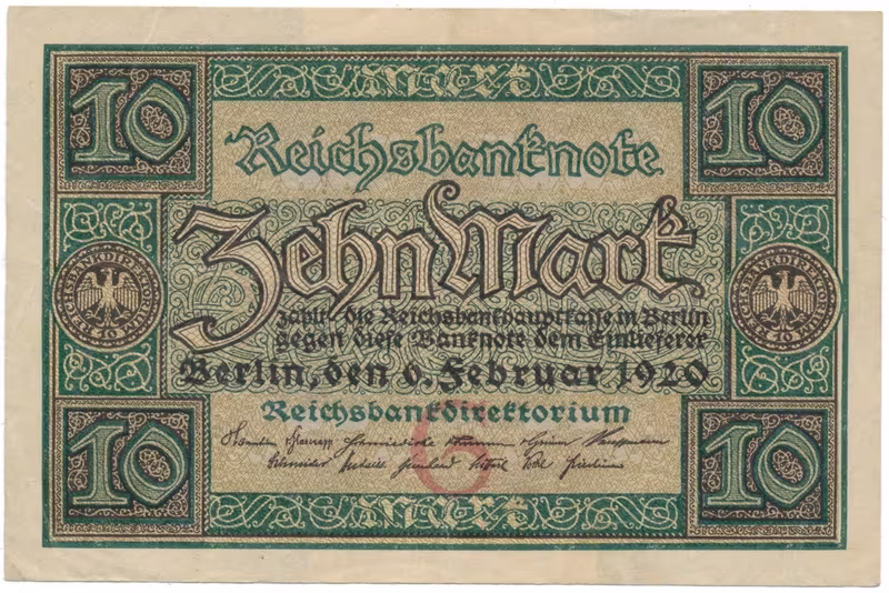 Německo, 10 Mark 1920, 7-místný číslovač, Ro.63a