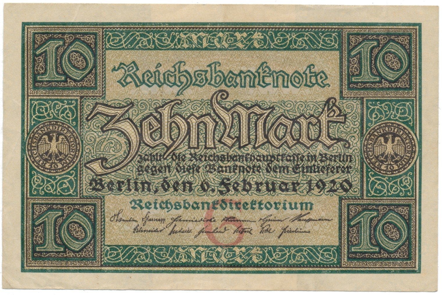 Německo, 10 Mark 1920, 7-místný číslovač, Ro.63a