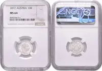 10 Krejcar 1872, certifikace NGC, hodnocení MS 64, nádherná zachovalost, — 2