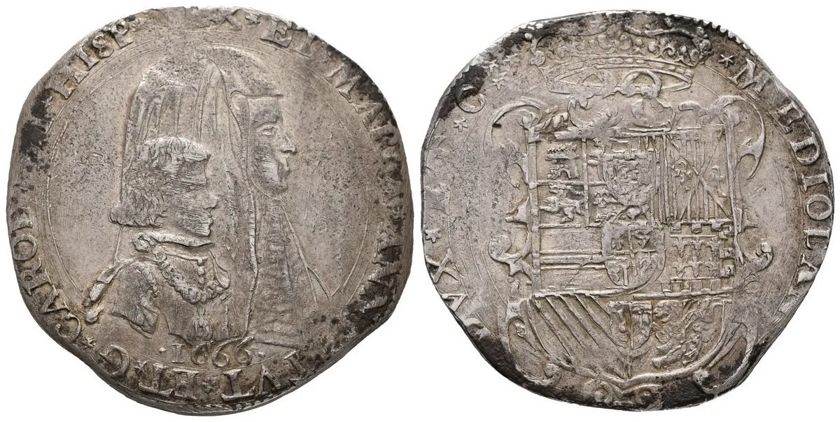 Itálie - Milano, Karel II. Španělský s regentkou Marií Annou Rakouskou, 1665 - 1675 — 1